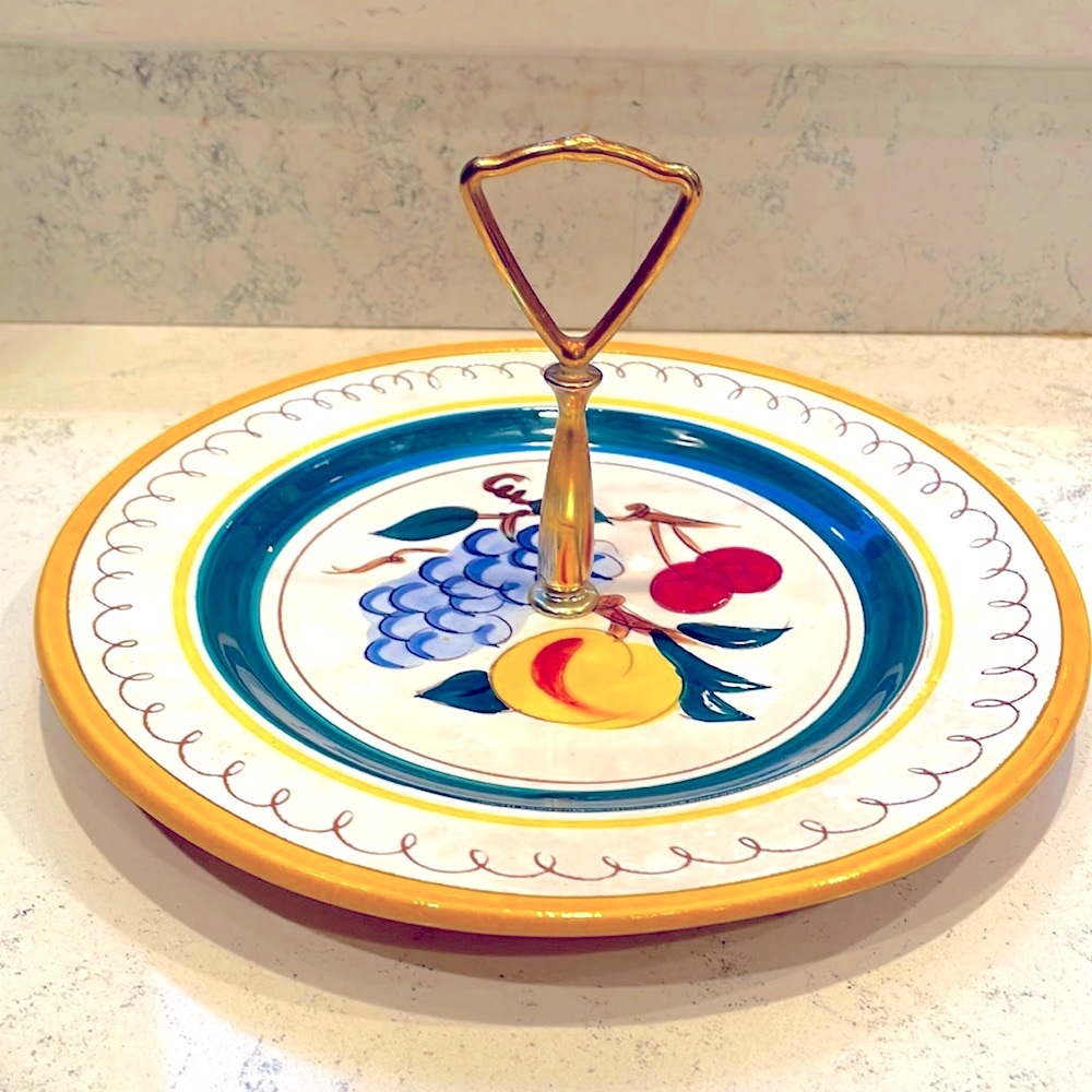 Stangl Pottery USA Vintage Serving Dish with Metal Handle & Fruit Design EUC